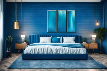 blue and white interior of a bedroom 
Created using generative AI tools