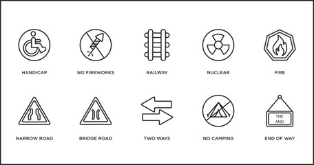 traffic signs outline icons set. thin line icons such as railway, nuclear, fire, narrow road, bridge road, two ways, no camping vector.