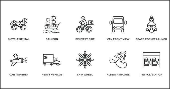 transport outline icons set. thin line icons such as delivery bike, van front view, space rocket launch, car painting, heavy vehicle, ship wheel, flying airplane vector.