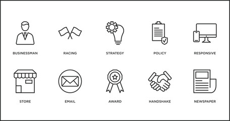 strategy outline icons set. thin line icons such as strategy, policy, responsive, store, email, award, handshake vector.