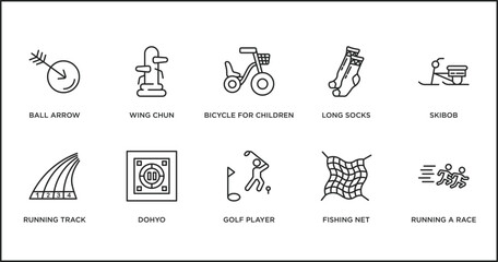sports outline icons set. thin line icons such as bicycle for children, long socks, skibob, running track, dohyo, golf player, fishing net vector.