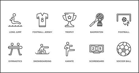 sport outline icons set. thin line icons such as trophy, badminton, football, gymnastics, snowboarding, karate, scoreboard vector.