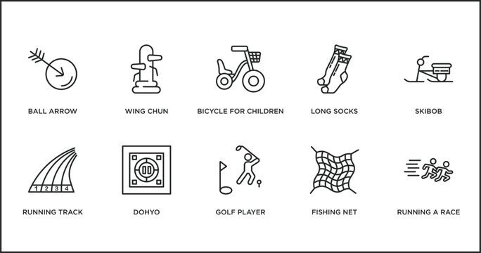 sports outline icons set. thin line icons such as bicycle for children, long socks, skibob, running track, dohyo, golf player, fishing net vector.