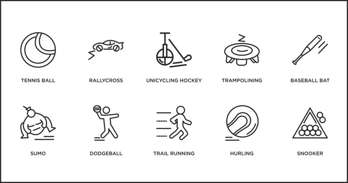sport outline icons set. thin line icons such as unicycling hockey, trampolining, baseball bat, sumo, dodgeball, trail running, hurling vector.