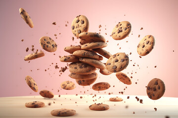 Fototapeta na wymiar Chocolate Chips Cookies flying in the sky. Advertising concept.