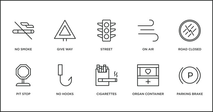 signaling outline icons set. thin line icons such as street, on air, road closed, pit stop, no hooks, cigarettes, organ container vector.