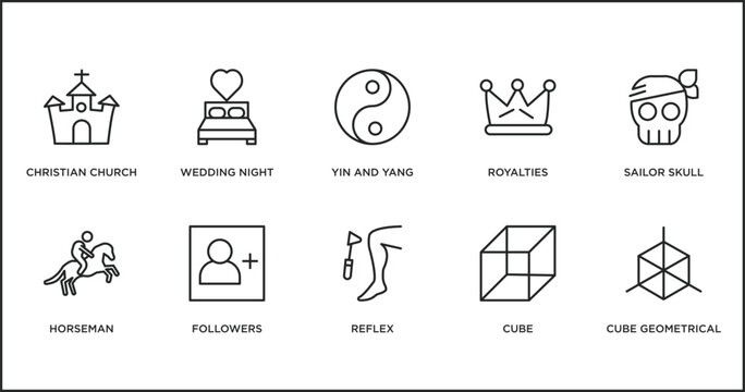 shapes outline icons set. thin line icons such as yin and yang, royalties, sailor skull, horseman, followers, reflex, cube vector.