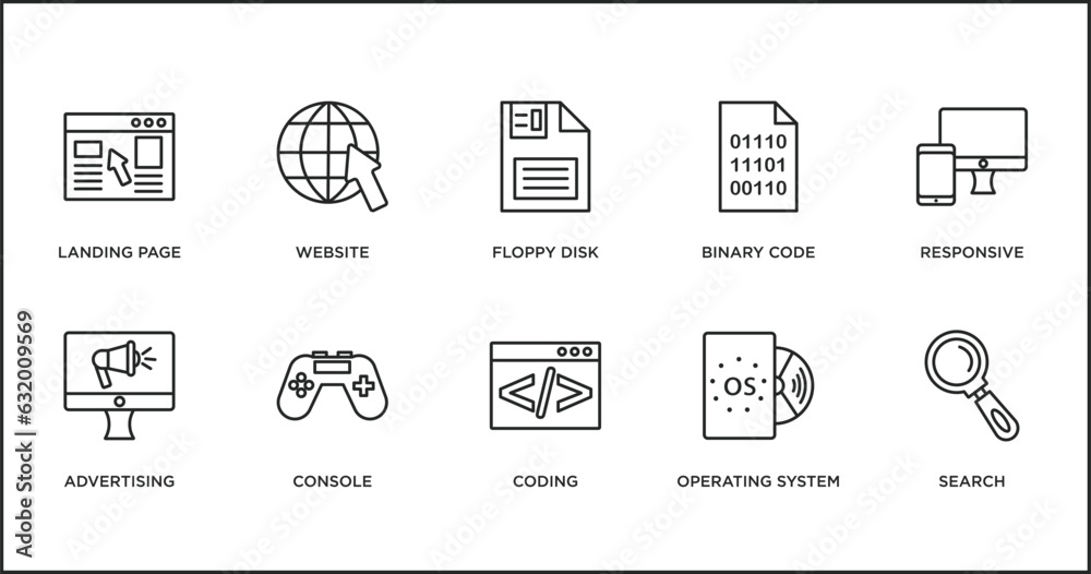 Poster seo outline icons set. thin line icons such as floppy disk, binary code, responsive, advertising, co