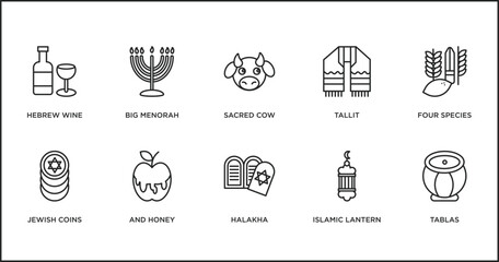 religion outline icons set. thin line icons such as sacred cow, tallit, four species, jewish coins, and honey, halakha, islamic lantern vector.