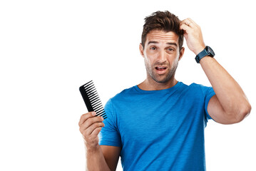 Isolated man, comb and hair loss on scalp, shock or portrait with stress, psoriasis or transparent...