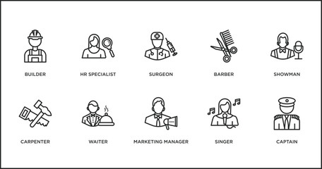 professions outline icons set. thin line icons such as surgeon, barber, showman, carpenter, waiter, marketing manager, singer vector.