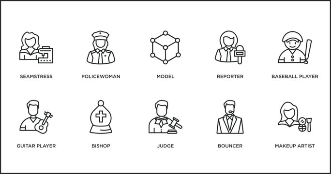 professions & jobs outline icons set. thin line icons such as model, reporter, baseball player, guitar player, bishop, judge, bouncer vector.