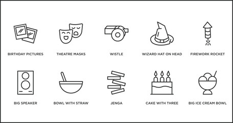party outline icons set. thin line icons such as wistle, wizard hat on head, firework rocket, big speaker, bowl with straw, jenga, cake with three candles vector.