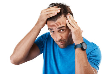 Isolated man, check scalp and hair loss in portrait with stress, worry and psoriasis by transparent...