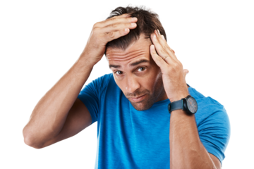 Isolated man, check scalp and hair loss in portrait with stress, worry and psoriasis by transparent png background. Guy, male pattern baldness and inspection for cosmetics, alopecia or head wellness