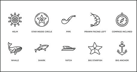 nautical outline icons set. thin line icons such as pipe, prawn facing left, compass inclined, whale, shark, yatch, big starfish vector.
