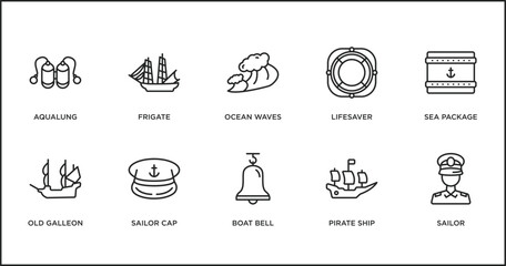 nautical outline icons set. thin line icons such as ocean waves, lifesaver, sea package, old galleon, sailor cap, boat bell, pirate ship vector.
