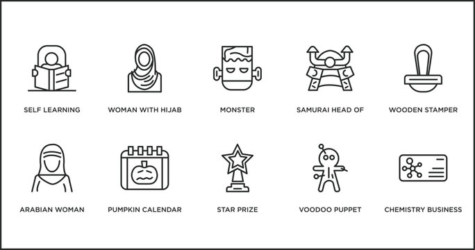 other outline icons set. thin line icons such as monster, samurai head of japan, wooden stamper, arabian woman, pumpkin calendar, star prize, voodoo puppet vector.