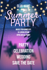 Summer Party Sunset Beach Template Design Palms Party Poster, Flyer