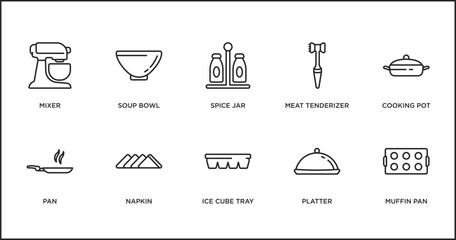 kitchen outline icons set. thin line icons such as spice jar, meat tenderizer, cooking pot, pan, napkin, ice cube tray, platter vector.