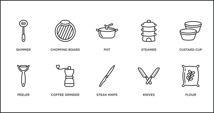 kitchen outline icons set. thin line icons such as pot, steamer, custard cup, peeler, coffee grinder, steak knife, knives vector.