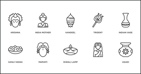 india outline icons set. thin line icons such as kandeel, trident, indian vase, kanji vadas, parvati, diwali lamp, vector.