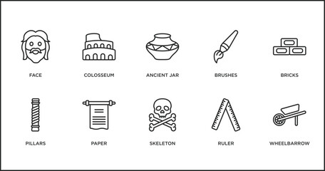Fototapeta premium history outline icons set. thin line icons such as ancient jar, brushes, bricks, pillars, paper, skeleton, ruler vector.
