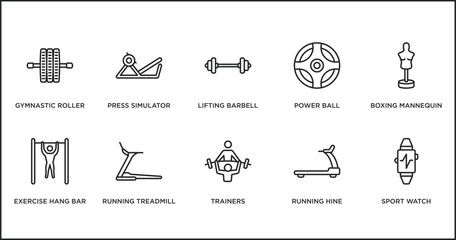 gym and fitness outline icons set. thin line icons such as lifting barbell, power ball, boxing mannequin, exercise hang bar, running treadmill, trainers, running hine vector.