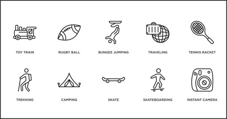 free time outline icons set. thin line icons such as bungee jumping, traveling, tennis racket, trekking, camping, skate, skateboarding vector.