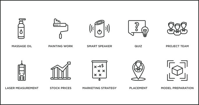 general outline icons set. thin line icons such as smart speaker, quiz, project team, laser measurement, stock prices, marketing strategy, placement vector.