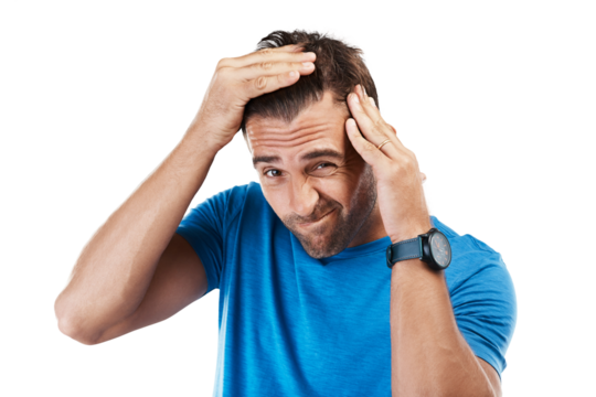 Isolated man, check head and hair loss in portrait with stress, anxiety or psoriasis by transparent png background. Guy, male pattern baldness and inspection for cosmetic, alopecia and scalp health