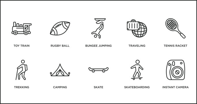 free time outline icons set. thin line icons such as bungee jumping, traveling, tennis racket, trekking, camping, skate, skateboarding vector.