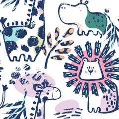 Summer animals tropical seamless pattern. Hand drawn african safari. Beach vacation background design savannah print - 632010932