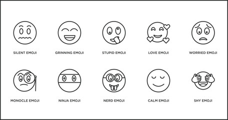 emoji outline icons set. thin line icons such as stupid emoji, love emoji, worried monocle ninja nerd calm vector.
