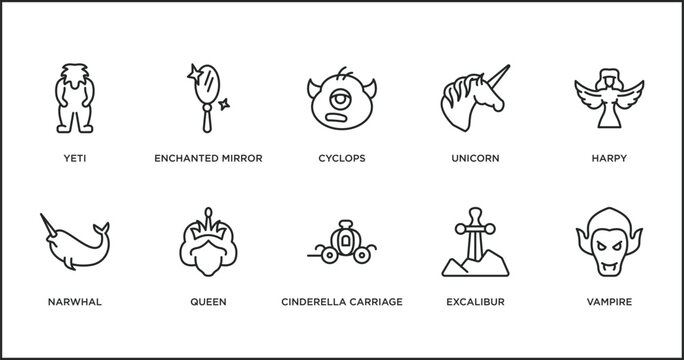 fairy tale outline icons set. thin line icons such as cyclops, unicorn, harpy, narwhal, queen, cinderella carriage, excalibur vector.