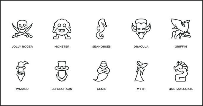 fairy tale outline icons set. thin line icons such as seahorses, dracula, griffin, wizard, leprechaun, genie, myth vector.