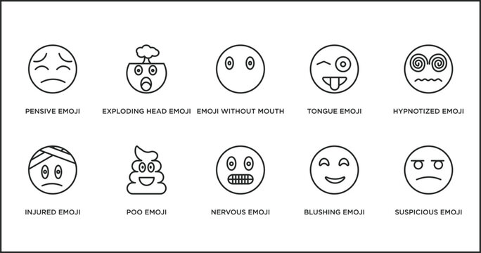 emoji outline icons set. thin line icons such as emoji without mouth, tongue emoji, hypnotized injured poo nervous blushing vector.
