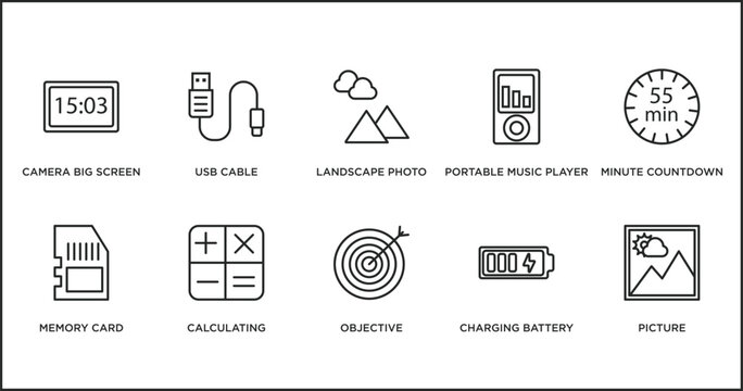 electronic stuff fill outline icons set. thin line icons such as landscape photo, portable music player, minute countdown, memory card, calculating, objective, charging battery vector.