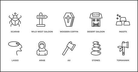 desert outline icons set. thin line icons such as wooden coffin, desert saloon, ingots, lasso, arab, ax, stones vector.