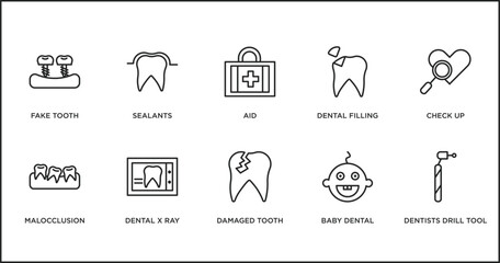 dentist outline icons set. thin line icons such as aid, dental filling, check up, malocclusion, dental x ray, damaged tooth, baby dental vector.