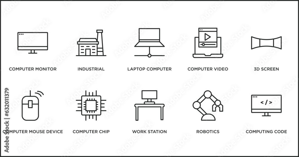 Poster computer outline icons set. thin line icons such as laptop computer screen, computer video, 3d scree