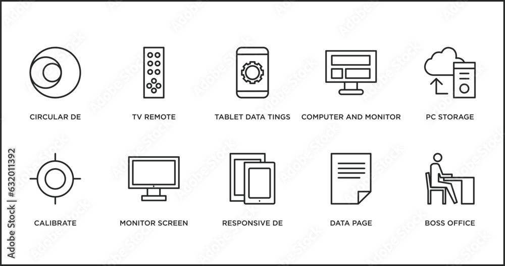 Poster computer outline icons set. thin line icons such as tablet data tings, computer and monitor, pc stor
