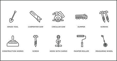construction tools outline icons set. thin line icons such as circular saw, dumper, screws, construction works, screw, hook with cargo, painter roller vector. - obrazy, fototapety, plakaty