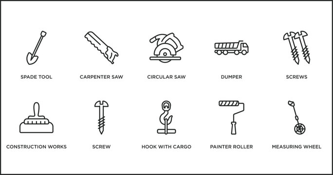 construction tools outline icons set. thin line icons such as circular saw, dumper, screws, construction works, screw, hook with cargo, painter roller vector.