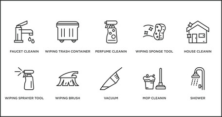 Fototapeta premium cleaning outline icons set. thin line icons such as perfume cleanin, wiping sponge tool, house cleanin, wiping sprayer tool, wiping brush, vacuum, mop cleanin vector.