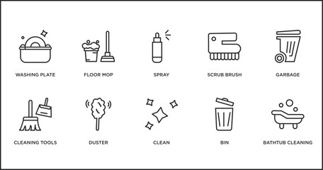 cleaning outline icons set. thin line icons such as spray, scrub brush, garbage, cleaning tools, duster, clean, bin vector.