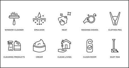 cleaning outline icons set. thin line icons such as neat, washing dishes, clothes peg, cleaning products, cream, clean-living, clean room vector.