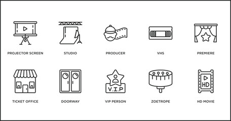 cinema outline icons set. thin line icons such as producer, vhs, premiere, ticket office, doorway, vip person, zoetrope vector.