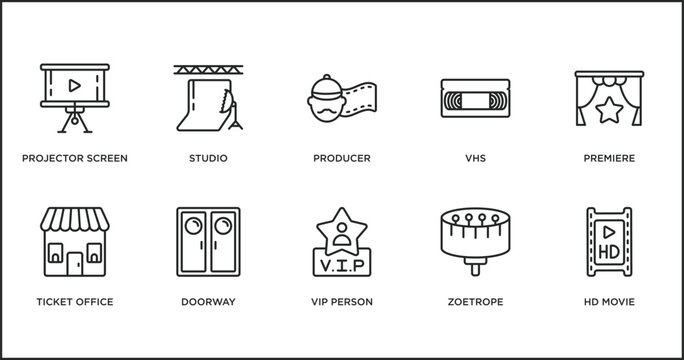cinema outline icons set. thin line icons such as producer, vhs, premiere, ticket office, doorway, vip person, zoetrope vector.