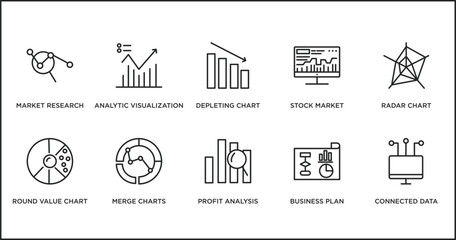 business and analytics outline icons set. thin line icons such as depleting chart, stock market, radar chart, round value chart, merge charts, profit analysis, business plan vector.